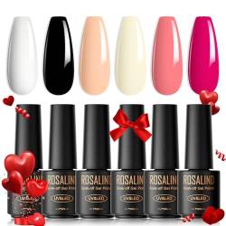 ROSALIND UV Nagellack, 6 Farben Mini Gel Nagellack, UV Nagellack Set Weiß Schwarz Hellrosa Dunkelrosa Soak Off Nail Polish French Manicure für Frauen Mutter Geschenkset DIY zu Hause von ROSALIND