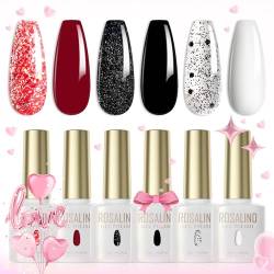 ROSALIND UV Nagellack 6 Farben Weiß Schwarz Rot Glitter Rot Glitter Schwarz Gel Nagellack Set Soak Off UV LED Gel Nail Polish Für UV Lampe Gel Nagellack Set Valentinstag von ROSALIND