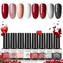 ROSALIND UV Nagellack Rot,8 Farben Rot Burgunder Dunkel Weiß Glitzer Rot Schwarz Silber Gel Nagellack Set Soak-Off UV Shellac Nagellack Nail Art Gel Nagellack Weihnachten Valentinstag von ROSALIND