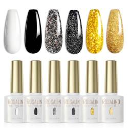 ROSALIND UV Nagellack Set Glitzerfarbe 6 Farben Weiß Schwarz Glitzer Grau Schwarz Gold Gel Nagellack Set Farbgel für Gelnägel Soak Off UV Nail Gel Polish Für UV Lampe Gel Nagellack Set von ROSALIND