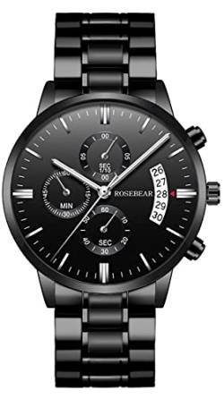 ROSEBEAR Herren Analog Quarz Uhr, Chronograph Mit Mehreren ZifferbläTtern 30M Wasserdicht Herren Businessuhr Edelstahlarmband (Black-Silver-Black) von ROSEBEAR