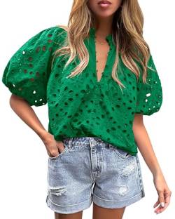 ROSSOM Women's Summer Tops Dressy Casual Puff Sleeve Eyelet Tops Lantern Sleeve V Neck Buttons Hollow Out Lace Embroidered Blouses (Green,M) von ROSSOM