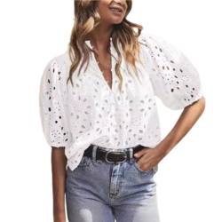 ROSSOM Women's Summer Tops Dressy Casual Puff Sleeve Eyelet Tops Lantern Sleeve V Neck Buttons Hollow Out Lace Embroidered Blouses (White,M) von ROSSOM