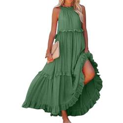 Womens Summer Sleeveless Dress Halter Tie Back, Loose Casual Flowy Ruffle Maxi Dress, Crew Neck Boho Elegant Beach Party Sundress, Light and Airy (Green,XXL) von ROSSOM