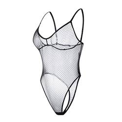 Damen Body Transparent aus Tüll Gepunkteter Unterwäsche Stringbody mit Spaghettiträgern für Frauen einteiliger Bodysuit Sexy Nachtwäsche Unterkleidung Monokini hoch geschnitten Schwarz(Schwarz) von ROSVAJFY