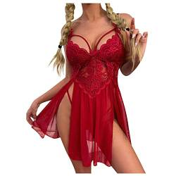 Damen Sexy Dessous Set Mesh Spitze Babydoll Kleid Transparente Body, Chemise Nachthemd Tiefem V-Ausschnitt, Schlitz Negligee Nachtwäsche,Riemchen Strand Outfit,Ärmelloser Overall Riemen (Weinrot) von ROSVAJFY