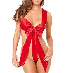 Damen Sexy Satin Schleifenband Weihnachts Babydoll Dessous,Unwrap Me Rückenfreier Teddy Body Chemise Nachtwäsche,Tiefer V-Ausschnitt, Ribbon Bow Neckholder Unterwäsche Geschenk Braut Outfit von ROSVAJFY