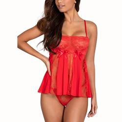 ROSVAJFY Damen Sexy Durchscheinende Spitze Babydoll Dessous, Elegantes Nachthemd aus geblümter Spitze Unterwäsche Set, Reizwäsche Durchsichtig Nachtwäsche Mini Kleid (Rot) von ROSVAJFY