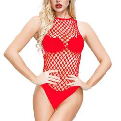 ROSVAJFY Damen Sexy Fischnetz Body Ärmellos, Transparenter Neckholder-Bodysuit, Stretch Netz Monokini Badeanzug, Einteilige Dessous Reizwäsche Rückenfrei S-XL (Rot) von ROSVAJFY