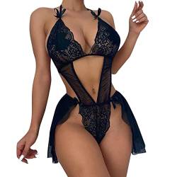 ROSVAJFY Damen Sexy Spitzen Babydoll Dessous Rückenfreier Neckholder Body Schnürung, Unterwäsche Tiefem V-Ausschnitt, Transparente Chemise Nachtwäsche,Ärmellose Nachtwäsche Valentinstag (L) von ROSVAJFY