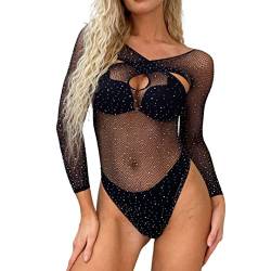 ROSVAJFY Damen Strass Fischnetz Body Dessous Criss Cross Lange Ärmel, Netz Bodysuit Transparent Mesh Top Sexy Body Lingerie Rhinestone Elastisch Teddy Unterwäsche Schwarz von ROSVAJFY