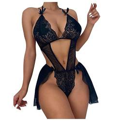 ROSVAJFY Dessous Sexy EIN Stück Babydoll Nachthemd für Damen, Neckholder Teddy Body mit tiefem V-Ausschnitt, Rückenfreies Schnür Lingerie Set Negligee aus Transparent Mesh (M) von ROSVAJFY