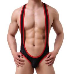 ROSVAJFY Herren Mesh String Jockstrap Bodysuit Sexy Stretch Hosenträger Mankini Unterwäsche,Einteiliger Body Tanga Trikot,Wrestling Singlet Jumpsuits Bademode,Beutel Dessous Männer Clubwear (Schwarz) von ROSVAJFY