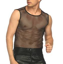 ROSVAJFY Herren Muskelshirt Ärmellos Netz, Mann Tanktop Transparent, Männer Netzhemd Atmungsaktiv, Herrens Netz Shirt Trägershirt Sport Top Gym Clubwear Fischnetz Sexy Schwarz (Schwarz, M) von ROSVAJFY