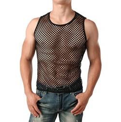 ROSVAJFY Herren Transparentes Netz-Tanktop Herren Muskelshirt Ärmellos, Herrens Netz Shirt Trägershirt Sport Top Gym Sexy Clubwear Fischnetz Schwarz (großes Netz) (as3, Alpha, m, Regular, Regular) von ROSVAJFY