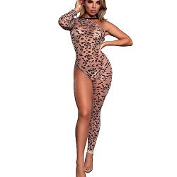 ROSVAJFY Leoparden-Strampler aus transparenter Spitze für Damen mit Strümpfen, gestrickte Bodystockings, einteilige Dessous mit langen Ärmeln, Nachtanzug, Kostüm, Babydoll, elastisch, für Clubwear, von ROSVAJFY