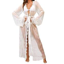 ROSVAJFY Lingerie Nachthemd Kimono transparent Netz, Bademantel für Damen, sexy Spitze, Cardigan, Badeanzug, Bikini, Weiß(2), Einheitsgröße von ROSVAJFY