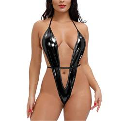 ROSVAJFY Sexy Body aus Leder für Damen, Dessous Lackleder, Bodysuit Neckholder mit tiefem V-Ausschnitt, Teddy Mini Kleid Clubwear ohne Rücken, Unterwäsche mit Schnürung S-XL, Schwarz , One size von ROSVAJFY