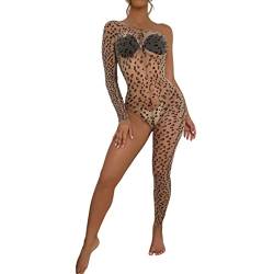 ROSVAJFY Sexy Bodystocking Dessous Leoparden für Damen, Netz Catsuit Stretch Leopard Body Jumpsuit Reizwäsche Durchsichtig Mesh Bodystocking Einem Ärmel Einem Bein XS-XL von ROSVAJFY