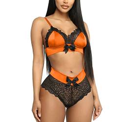 ROSVAJFY Sexy Dessous-Set für Frauen, 2-teilige durchsichtige Nachtwäsche aus Spitze, Push-up-BH-Höschen, intimes Outfit, Unterwäsche, Riemchen-Nachthemd für Halloween-Weihnachtsfeier (Orange, L) von ROSVAJFY