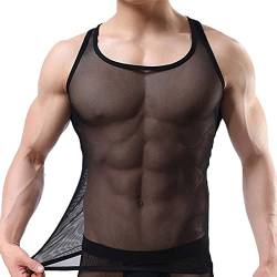 ROSVAJFY Sexy Herren Tanktop aus Netz, ärmellos, transparent, Bodybuilding T-Shirt, elastisch, Strand, Sommer, Casual Club Top, Schwarz , Large von ROSVAJFY