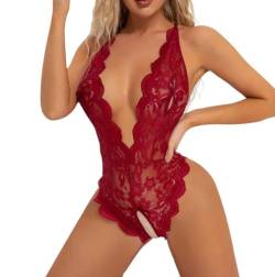 ROSVAJFY Sexy Neckholder Body für Damen mit tiefem V-Ausschnitt, Teddy Dessous Rückenfreie Unterwäsche Einteilige, Spitze Lingerie Bodysuit Stringbody Einheitsgröße (Rot) von ROSVAJFY