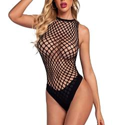 Sexy Netz-Body für Damen Durchsichtige Babydoll-Dessous,Mesh aushöhlen Stretch Bodystocking Halter Bodycon,Ausgeschnittene ärmellose Onesie-Jumpsuit-Unterwäsche Leotard Chemise Nachtwäsche (Schwarz) von ROSVAJFY