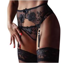 ROSVAY Damen Transparent Sexy Strumpfgürtel mit 4 verstellbaren Clips G-String Strumpfgürtel Korsett Spitze Hohe Taille Tanga für Strümpfe Dessous Strumpfbänder (Schwarz), Einheitsgröße von ROSVAY