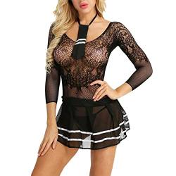 ROSVAY Sexy Cosplay Kostüm Schulmädchen Kleid Damen Uniform Babydoll Body Transparent Elastisch Unterwäsche Minirock Binden Cosplay Halloween, Schwarz , Einheitsgröße von ROSVAY