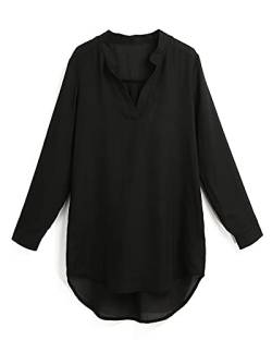 ROTAKUMA Chiffon Damen Shirts V-Ausschnitt Taschen Lange Ärmel Bluse Loses Casual Top (Color : Black, Size : XXL) von ROTAKUMA