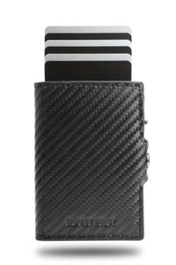 ROVET FIRST® Fast Bro Wallet - Pop Up Kartenetui mit RFID-Schutz - Slim Wallet mit Münzfach - Kleiner Geldbeutel für Herren & Damen - Aluminium Kreditkartenetui - Smart Wallet (Carbon Schwarz) von ROVET FIRST