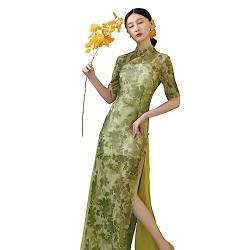 ROYAL SMEELA Grün Stehkragen Traditionell Chinesisch Cheongsam Lang Kleid Damen Masche Chinesisches Cheongsam Qipao Kleid Für Frauen Kurzarm Cheongsam Kleid Damen Chinesischer Stil Qipao Kleid von ROYAL SMEELA