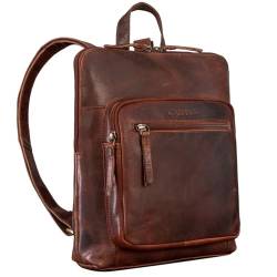 ROYALZ 'Carolina' Moderner Rucksack Damen klein Cityrucksack im Vintage Look - flacher Echtleder Lederrucksack Damen, Farbe:Roma Cognac Braun von ROYALZ