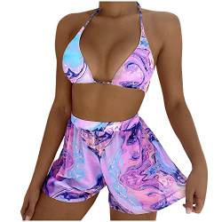 ROYIYI Bikini 3-teiliges Set Badeanzug Triangel Bikini Badeanzug Set mit Cover Up Rock, Damen Bedruckte Kurzer Rock mit Badeanzug mit Bedruckter Badebekleidung Split Badeanzug, Rosa, S von ROYIYI