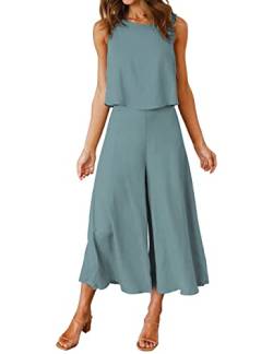 ROYLAMP 2-teiliges Sommer-Outfit für Damen, Rundhalsausschnitt, bauchfreies Basic-Top, bauchfreies und weites Bein, Hosen-Set, Jumpsuits, Steinblau, L von ROYLAMP