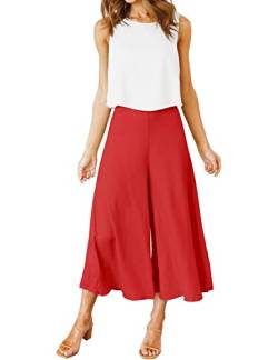 ROYLAMP Damen Sommer 2-teilige Outfits Rundhals Crop Basic Top Cropped Wide Leg Pants Set Jumpsuits, Weißes Oberteil und rote Hose, XL von ROYLAMP