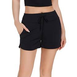 RPAEOY Damen Badeshorts Badehose mit Taschen Schnell Trocknende Boardshorts Schwimmshorts UV Schutz Bikini Shorts Schwimmhose Eingrifftasche Sporthose für Schwimmen Laufen Freizeit (Schwarz,L) von RPAEOY