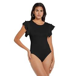 RPAEOY Damen Body Doppelrüsche Kurzarm Rundhalsausschnitt Abnehmen Seamless Thong Bodysuit Stretch Damenbody Elegant Sexy T-shirts Lässig Bluse Tops Overall Sommer Schwarz XL von RPAEOY