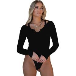 RPAEOY Damen Body Langarm Sexy V-Ausschnitt Bodysuit Tops Stretch Seamless Damenbody Stringbody Elegant Overall Langarmbody für Frauen Straßenkleidung Schwarz L von RPAEOY