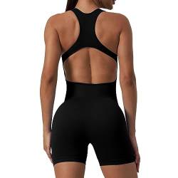 RPAEOY Damen Jumpsuit Strampler Ärmellos Viereckiger Ausschnitt Gerippt Kurz Overall Einteiler Hosenanzug Sport Playsuit Tank Tops Bodysuit Sexy Sommer Trainingsanzug für Yoga Workout (Schwarz,L) von RPAEOY