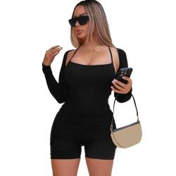 RPAEOY Damen Jumpsuit mit Langarmschal Rundhalsausschnitt Gerippter Hosenanzug Strampler Overall Playsuit Bodycon Shorts Bodysuit Sexy Sportkleidung Trainingsanzug für Yoga Workout (Schwarz,S) von RPAEOY