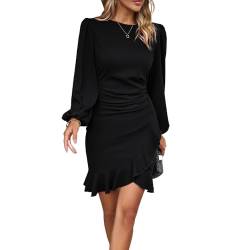 RPAEOY Damen Kleid Elegant Langarm Rüschen Bodycon Puffärmel Kurz Kleider Vintage Formal Dress Bleistiftkleid für Cocktail Abend Büro Sommer Herbst Schwarz L von RPAEOY