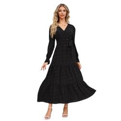 RPAEOY Damen Kleid Langarm V-Ausschnitt Swiss Dot Laternenärmel Plissee Saum Elegant Swing Boho Cocktailkleid A-Linie Casual Partykleid Maxikleid Hohe Taille Festlich Party (Schwarz,L) von RPAEOY