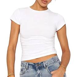 RPAEOY Damen Kurzarm Basic Crop Tops Rundhalsausschnitt Sommer Skims Top Y2k Ästhetische Kleidung Solide Farbe Slim Fit T Shirts Sexy Outfit Club Party Steetwear Weiß M von RPAEOY