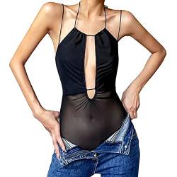 RPAEOY Damen Mesh Body Neckholder Riemchen Bodysuit Rückenfreies Oberteil Sexy Sheer Top Freizeit Wrap Schmal Bodies Overall Schwarz Einteilige Jumpsuit Sommer Stringbody M von RPAEOY