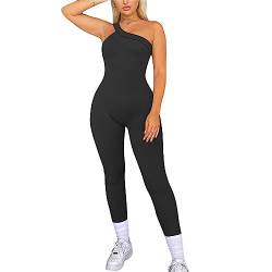 RPAEOY Damen Sport Jumpsuit Eine Schulter Ärmellos Sommer Lang Eng Bodysuit Yoga Overall Einteiler Sexy Playsuit Trainingsanzüge Stretch Workout Gym Outfit Fitness Schwarz M von RPAEOY