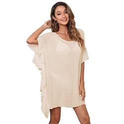 RPAEOY Damen Strandkleid Baumwolle Rüschen Sommer Strandponcho Boho Strandtunika Bikini Cover-Ups Strandurlaub Badeanzug Beachwear Sommerkleid Bademode Kurze Kleid (Beige) von RPAEOY