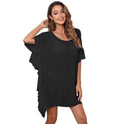 RPAEOY Damen Strandkleid Baumwolle Rüschen Sommer Strandponcho Boho Strandtunika Bikini Cover-Ups Strandurlaub Badeanzug Beachwear Sommerkleid Bademode Kurze Kleid (Schwarz) von RPAEOY