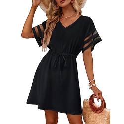 RPAEOY Damen Strandkleid Chiffon V Ausschnitt Bikini Cover Up Strandponcho Strandurlaub Badeanzug Strandtunika Sommer Beach Mini Dress Beachwear Bademode Kurze Kleid (Schwarz,M) von RPAEOY