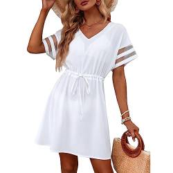 RPAEOY Damen Strandkleid Chiffon V Ausschnitt Bikini Cover Up Strandponcho Strandurlaub Badeanzug Strandtunika Sommer Beach Mini Dress Beachwear Bademode Kurze Kleid (Weiß,L) von RPAEOY